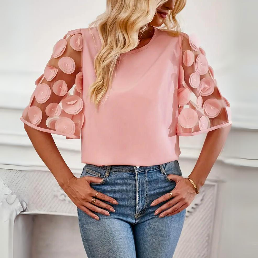 Top Rose à Manches Tulle | Appliqués 3D & Col Rond | Élégance Douce et Moderne