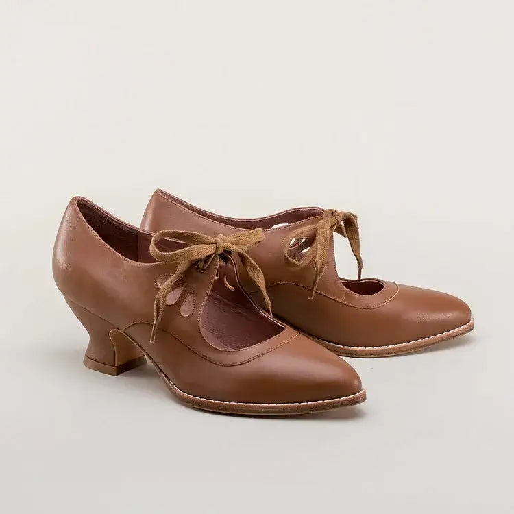 Escarpins Rétro à Lacets | Cuir Véritable Noir | Talon Bas Confortable