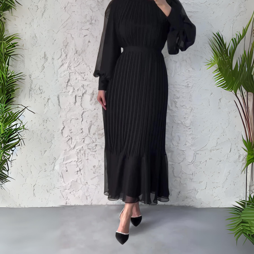 Élégance Nocturne | Robe Longue Plissée à Manches Bouffantes