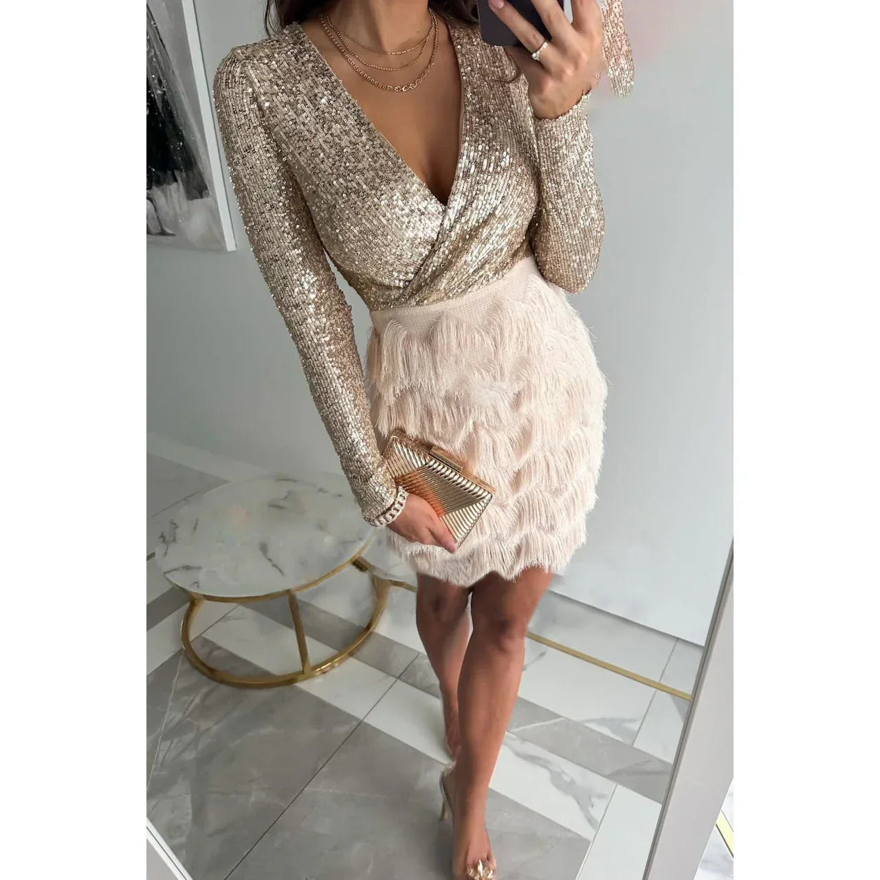Sophia - Robe Courte à Sequins & Franges | Glamour | Tenue de Soirée