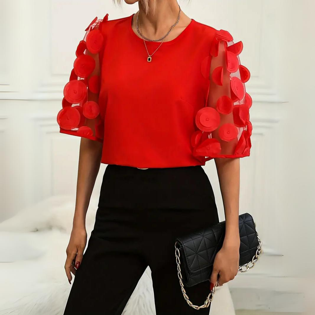 Top Rose à Manches Tulle | Appliqués 3D & Col Rond | Élégance Douce et Moderne