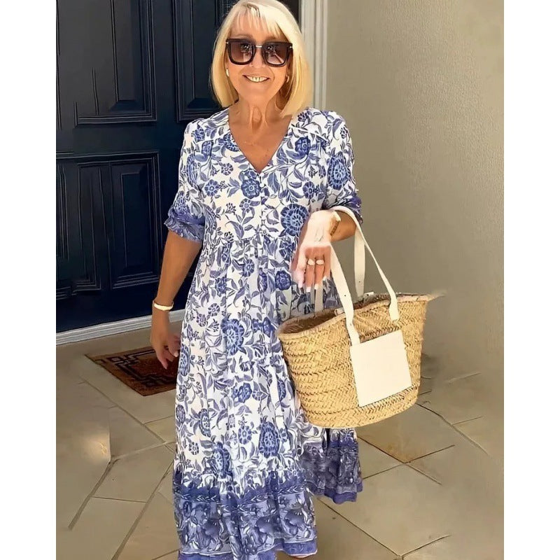 Robe Longue d’Été | Imprimé Floral Bleu | Élégance Vacances