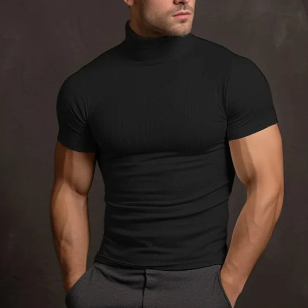 Col Roulé Noir à Manches Courtes | Coton Élastique | Style Moderne