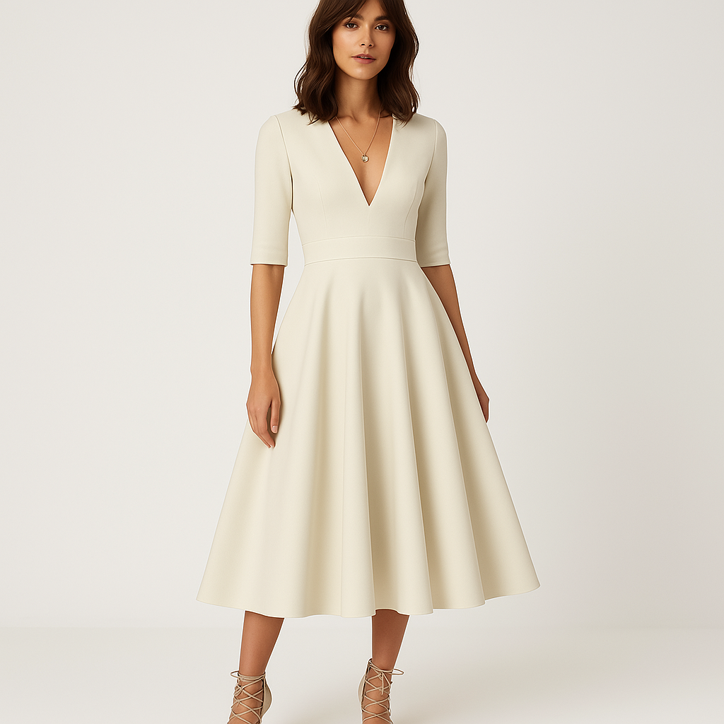 Robe Midi Écrue Élégante | Décolleté V & Jupe Évasée | Parfaite pour Cérémonie
