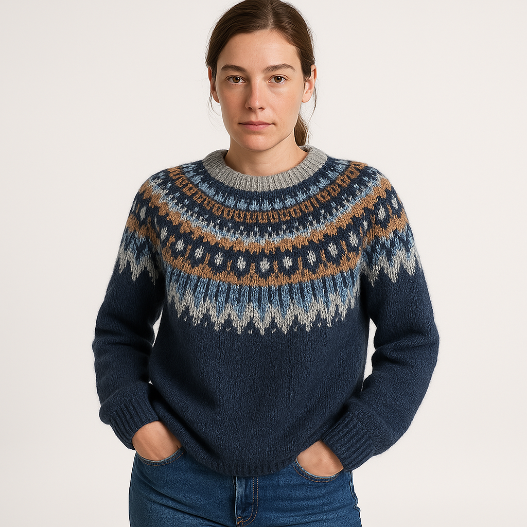 Pull Jacquard Écru & Bleu | Inspiration Nordique | Chaleur & Style Hivernal