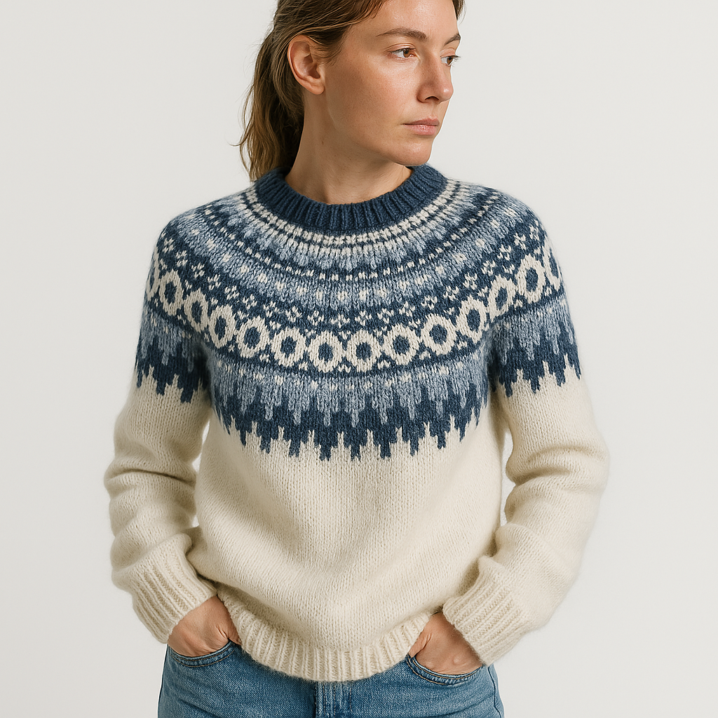 Pull Jacquard Écru & Bleu | Inspiration Nordique | Chaleur & Style Hivernal