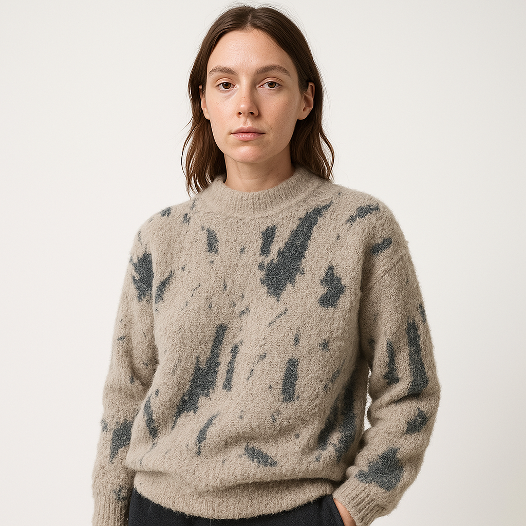 Pull Duveteux Femme | Imprimé Noir Abstrait | Col Montant et Confort Hivernal