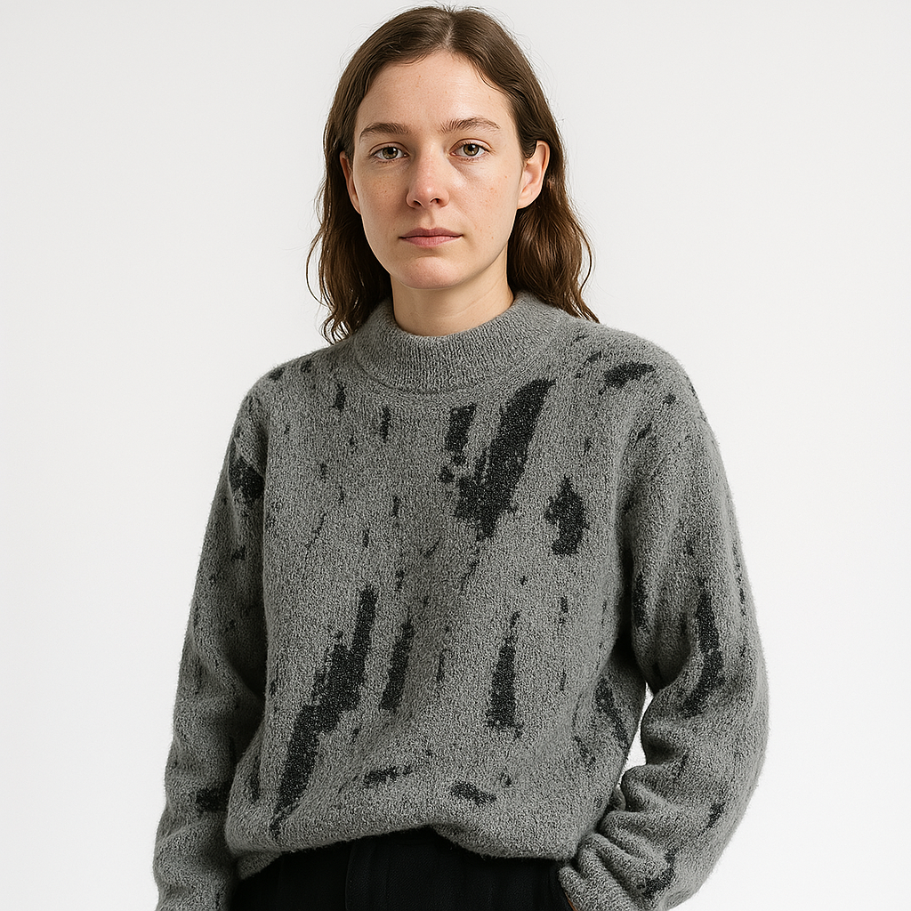 Pull Duveteux Femme | Imprimé Noir Abstrait | Col Montant et Confort Hivernal