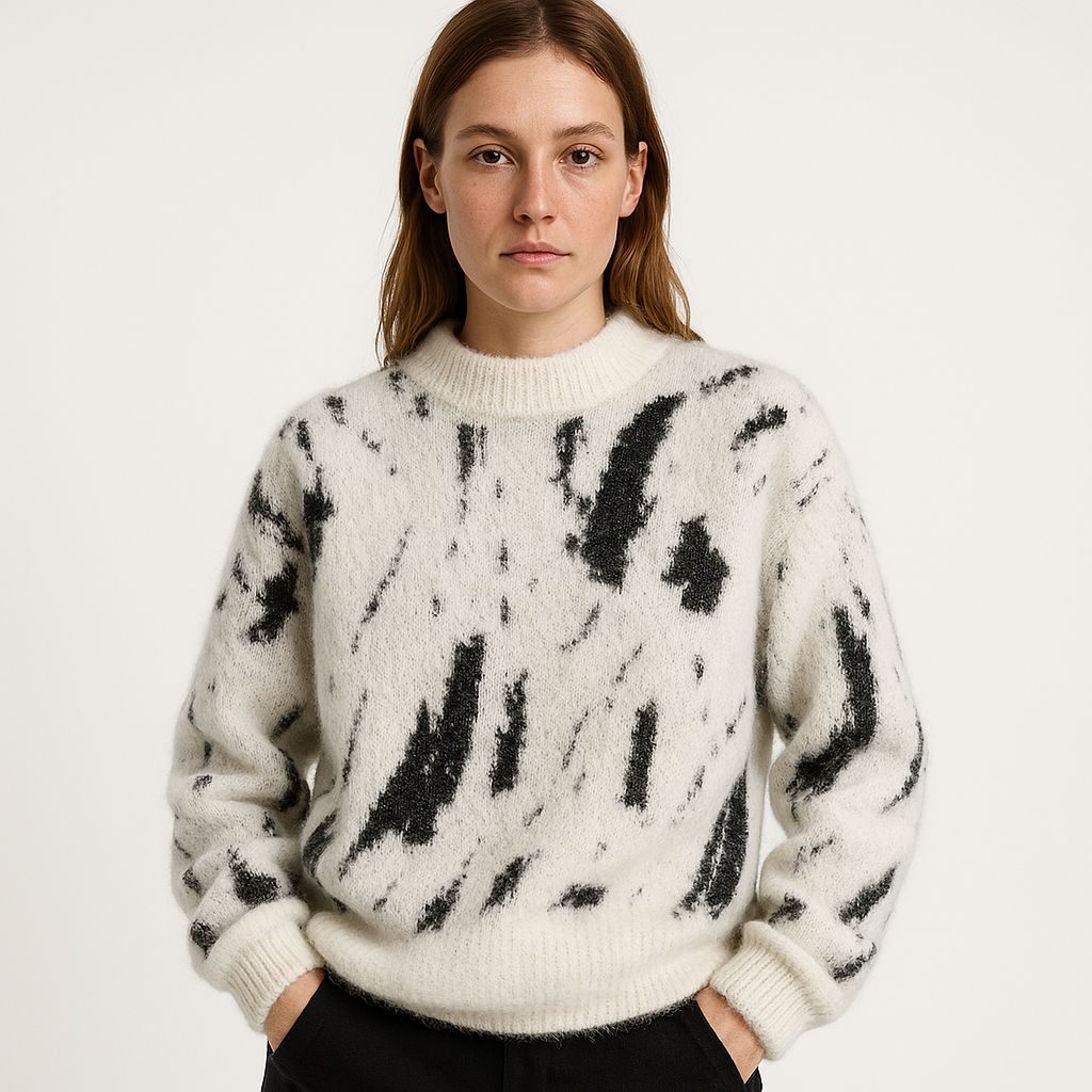 Pull Duveteux Femme | Imprimé Noir Abstrait | Col Montant et Confort Hivernal