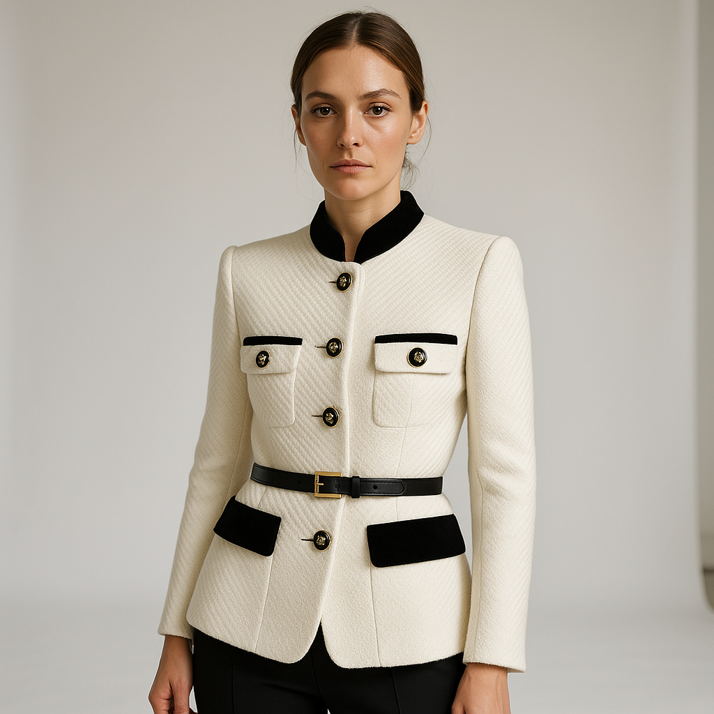 Veste Noire à Col Officier | Boutons Dorés & Ceinture | Élégance Structurée