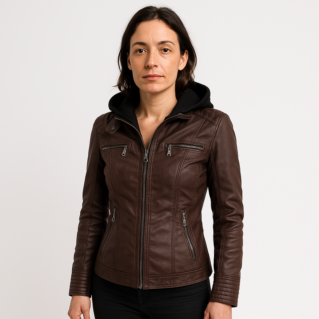Veste Effet Cuir Camel avec Capuche | Style Biker & Urbain | Confort Mi-Saison