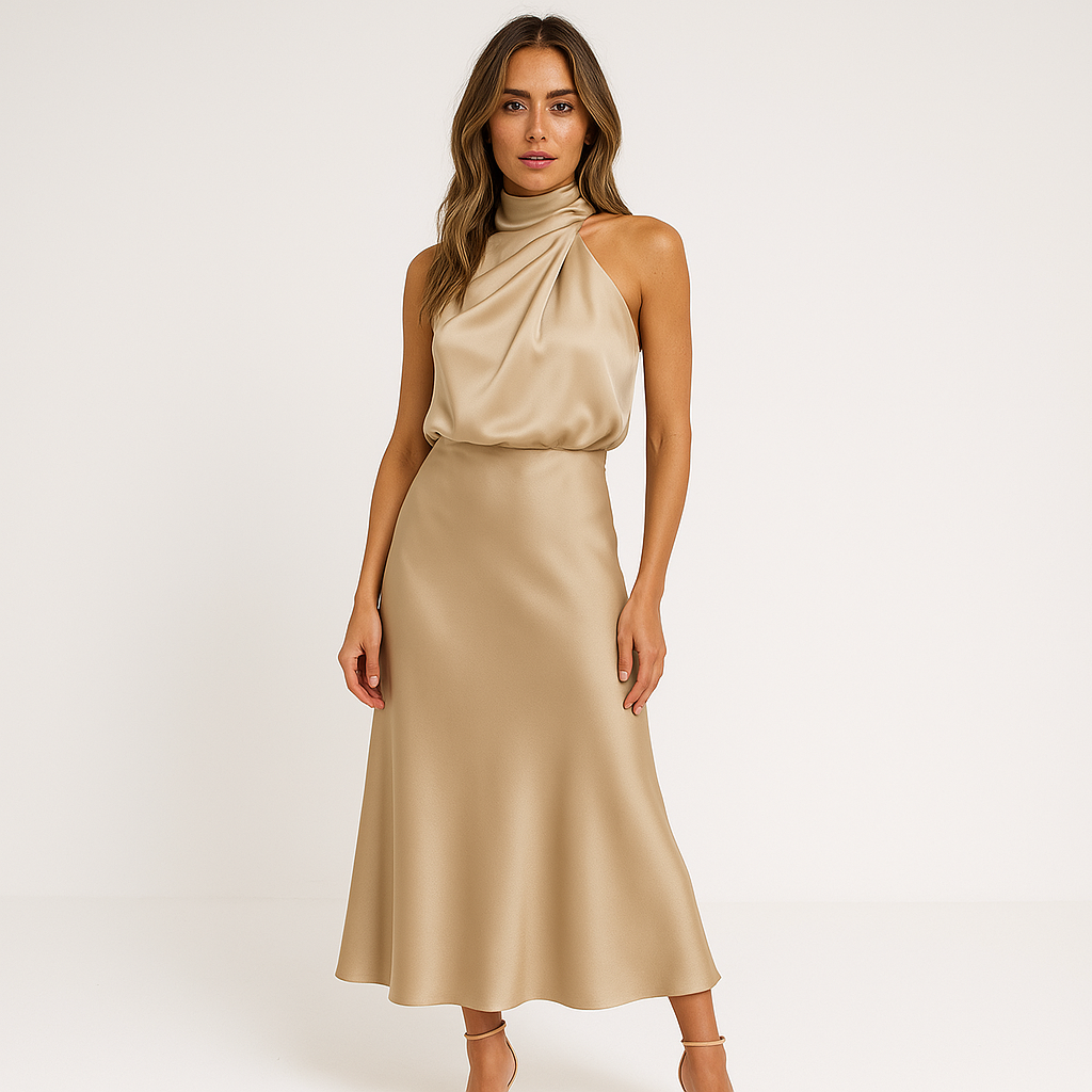 Robe Satinée Vert Sauge | Col Drapé Élégant | Parfaite pour Soirée ou Cérémonie