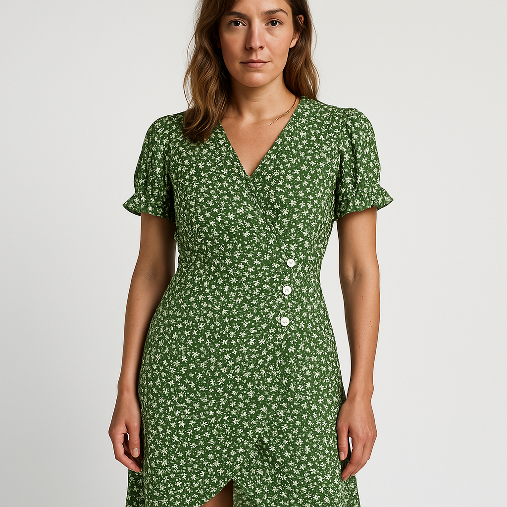 Robe Portefeuille Verte à Fleurs | Féminine & Légère | Style Printanier