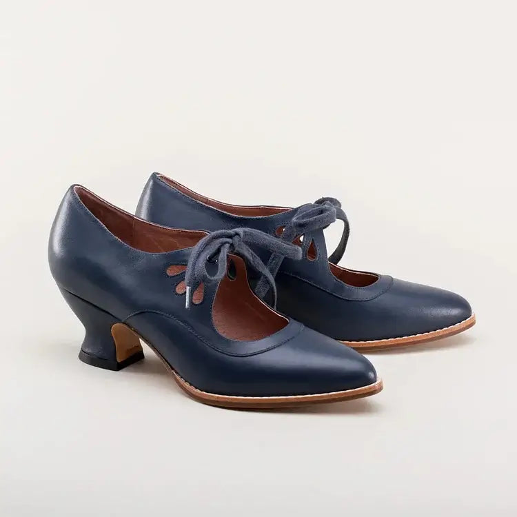 Escarpins Rétro à Lacets | Cuir Véritable Noir | Talon Bas Confortable