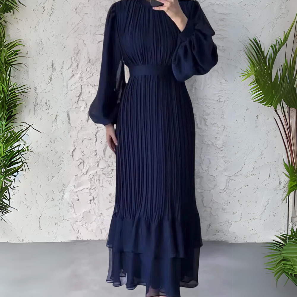 Élégance Nocturne | Robe Longue Plissée à Manches Bouffantes