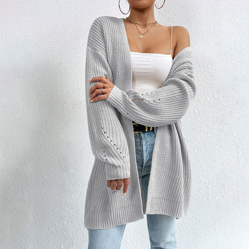 Cardigan Long Femme | Bleu Pastel | Maille Ajourée et Coupe Décontractée