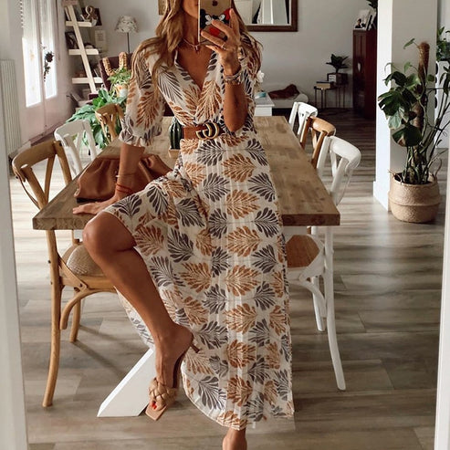 Robe Longue Cache-Cœur | Coton | Feuillage Doré Élégant