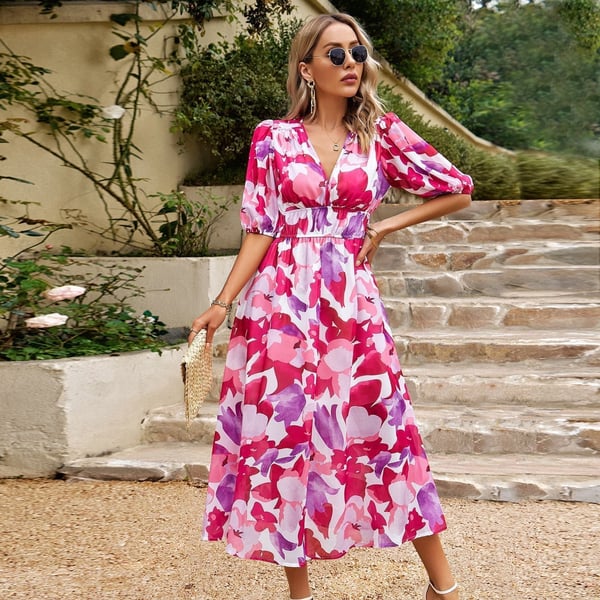 Robe Midi Fleurie Colorée | Taille Cintrée & Manches Ballon | Viscose Naturelle