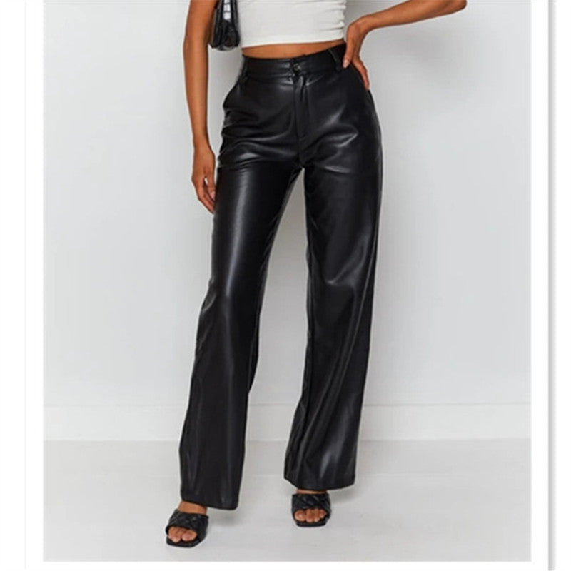 Pantalon Effet Cuir Élancé | Taille Haute et Jambe Large
