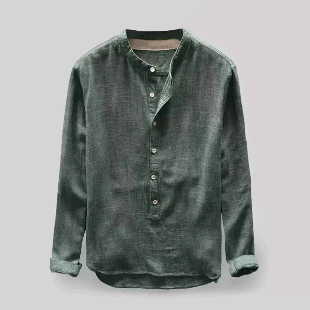 Chemise Col Mao en Lin | Bleu Foncé | Style Décontracté Élégant