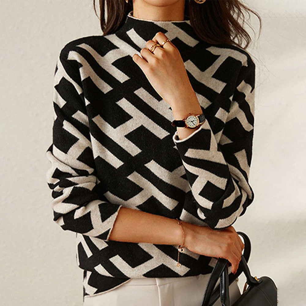 Pull Graphique à Col Montant | Noir & Blanc | Élégance Moderne