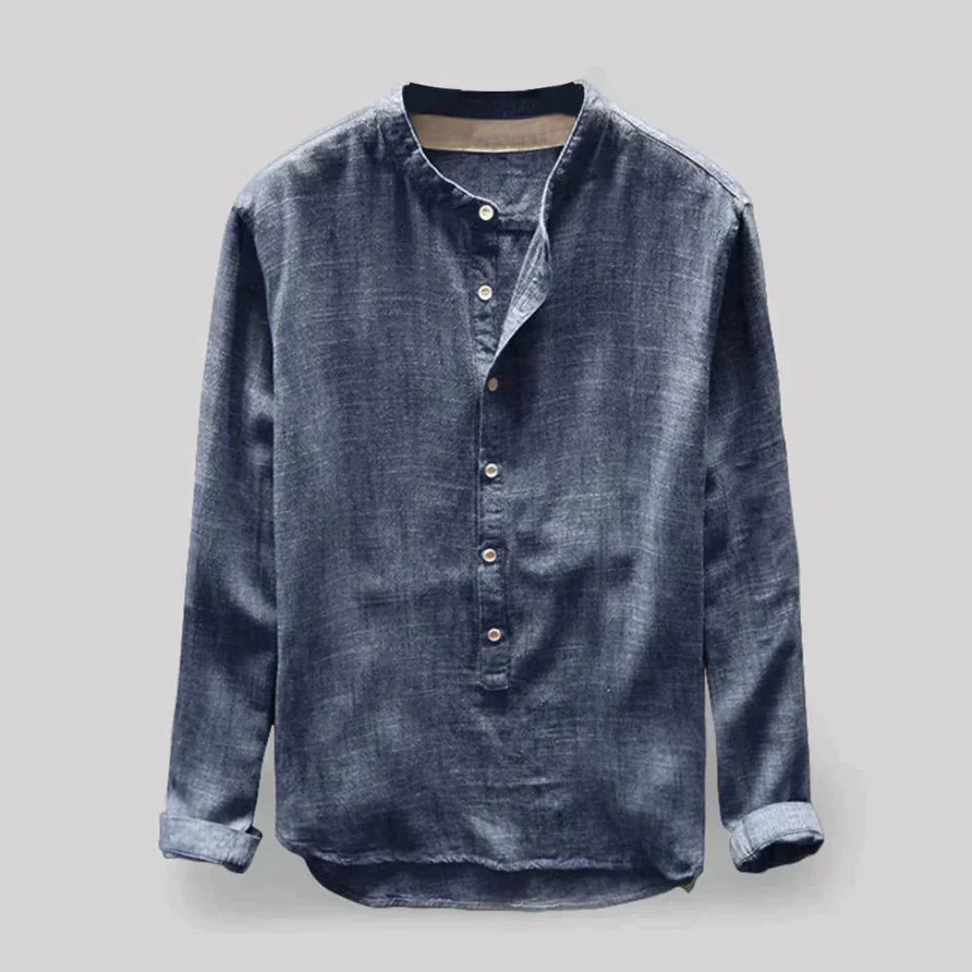 Chemise Col Mao en Lin | Bleu Foncé | Style Décontracté Élégant