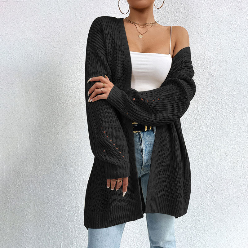 Cardigan Long Femme | Bleu Pastel | Maille Ajourée et Coupe Décontractée