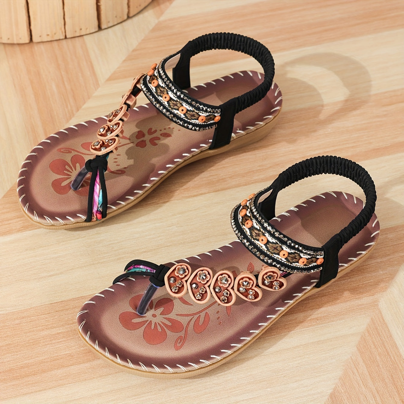 Sandales Tongs | Fleurs Perlées & Élastique | Style Bohème Estival