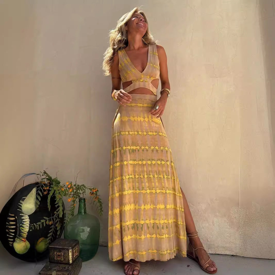 Robe Longue | Tie-Dye Jaune & Beige | Bohème et Solaire
