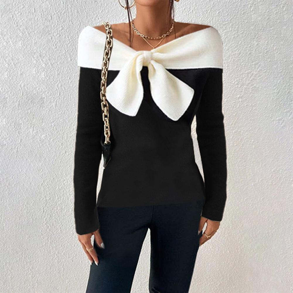 Pull Noir à Nœud Contrastant | Élégance Féminine et Touche Originale