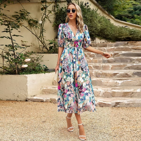 Robe Midi Fleurie Colorée | Taille Cintrée & Manches Ballon | Viscose Naturelle