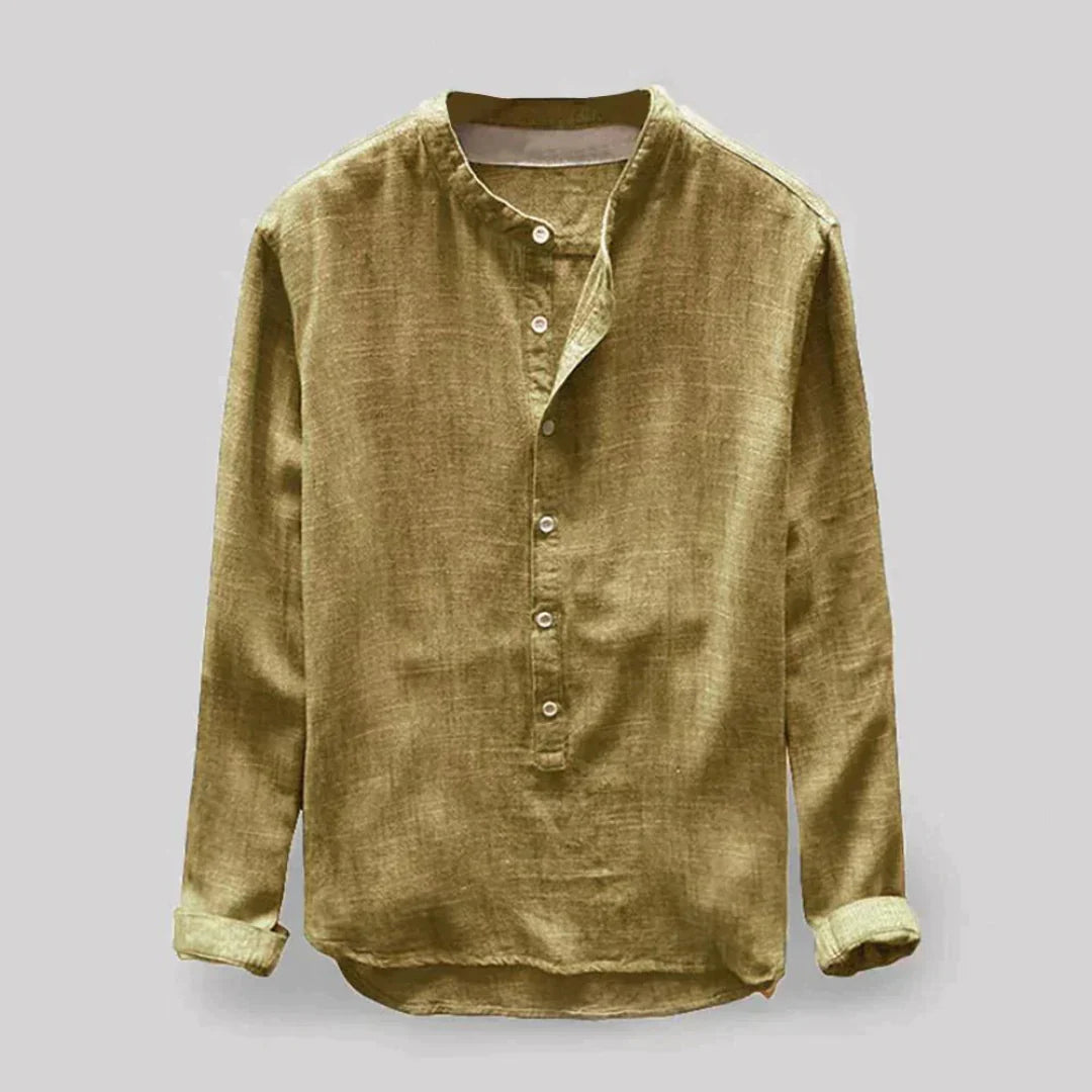 Chemise Col Mao en Lin | Bleu Foncé | Style Décontracté Élégant