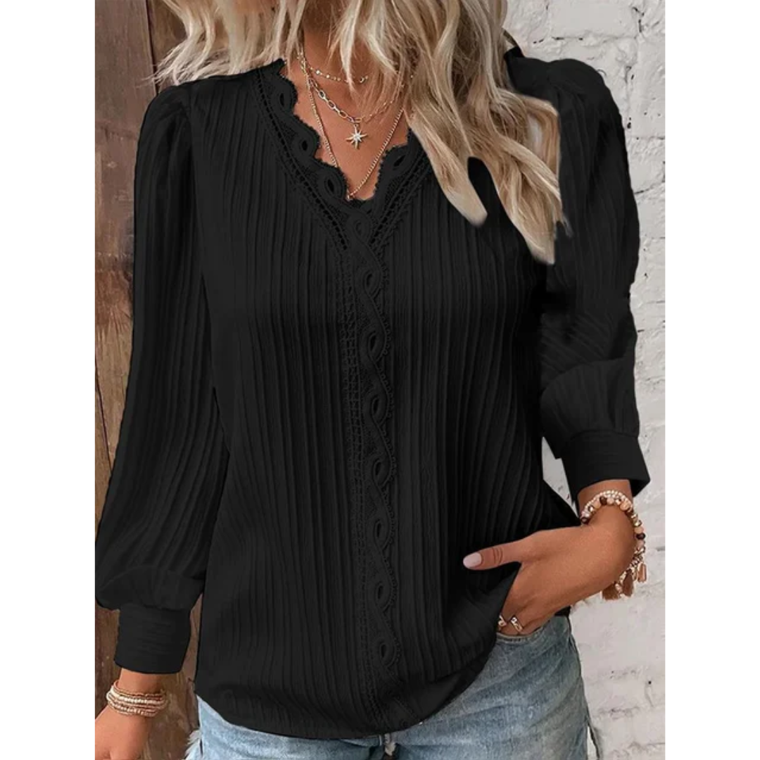 Haut Noir Plissé avec Dentelle | Polyester | Chic & Féminin