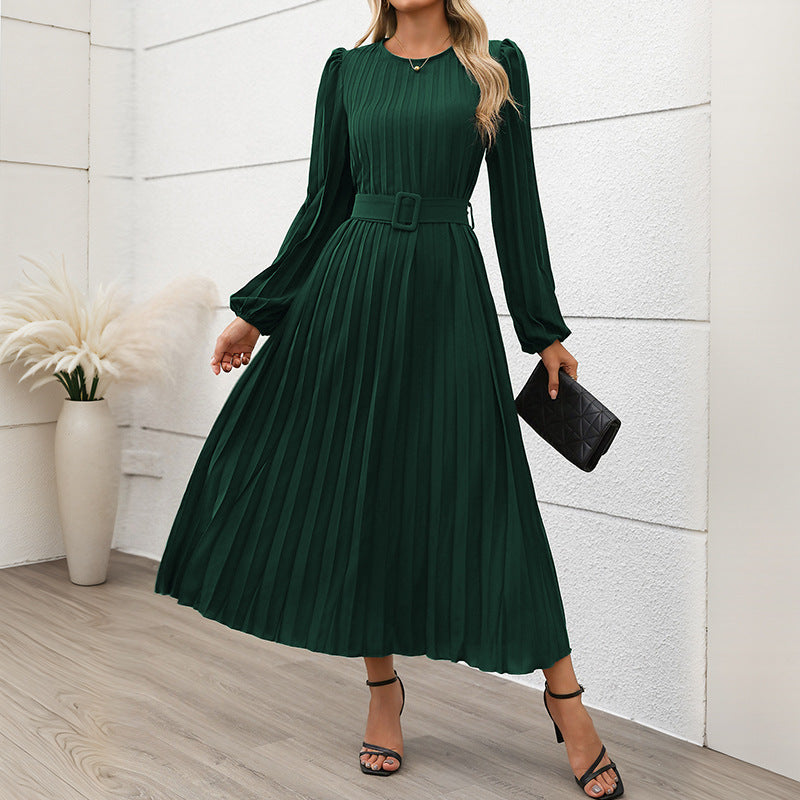 Robe Plissée Élégante | Vert Sapin | Ceinturée et Féminine