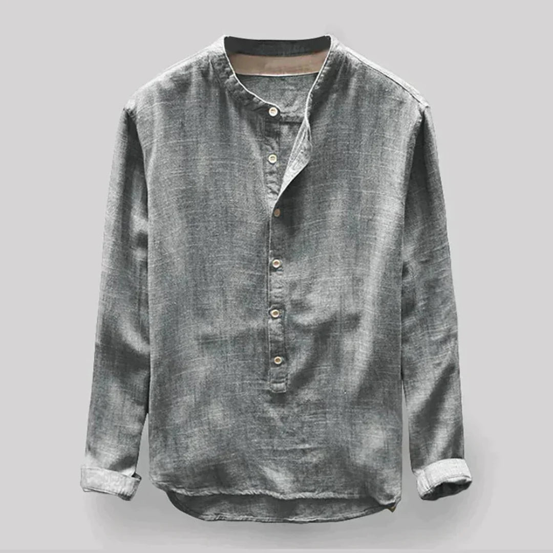 Chemise Col Mao en Lin | Bleu Foncé | Style Décontracté Élégant