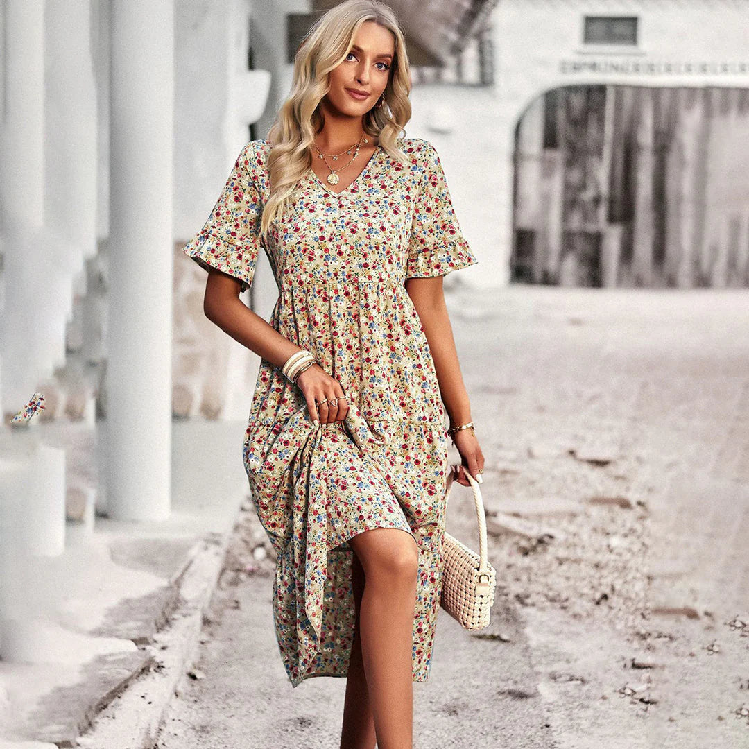 Celia | Robe Midi Bohème | Imprimé Fleuri | Fluide et Élégante