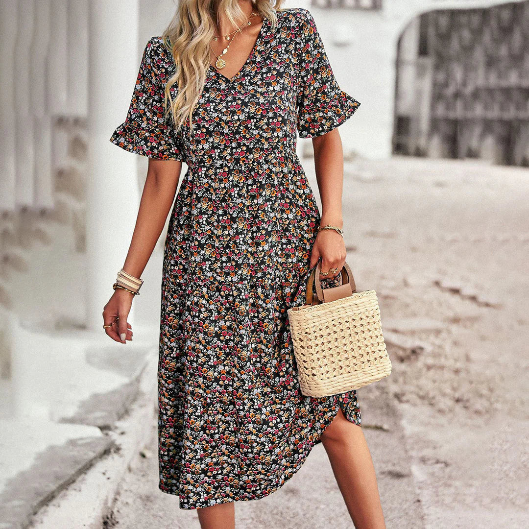 Celia | Robe Midi Bohème | Imprimé Fleuri | Fluide et Élégante