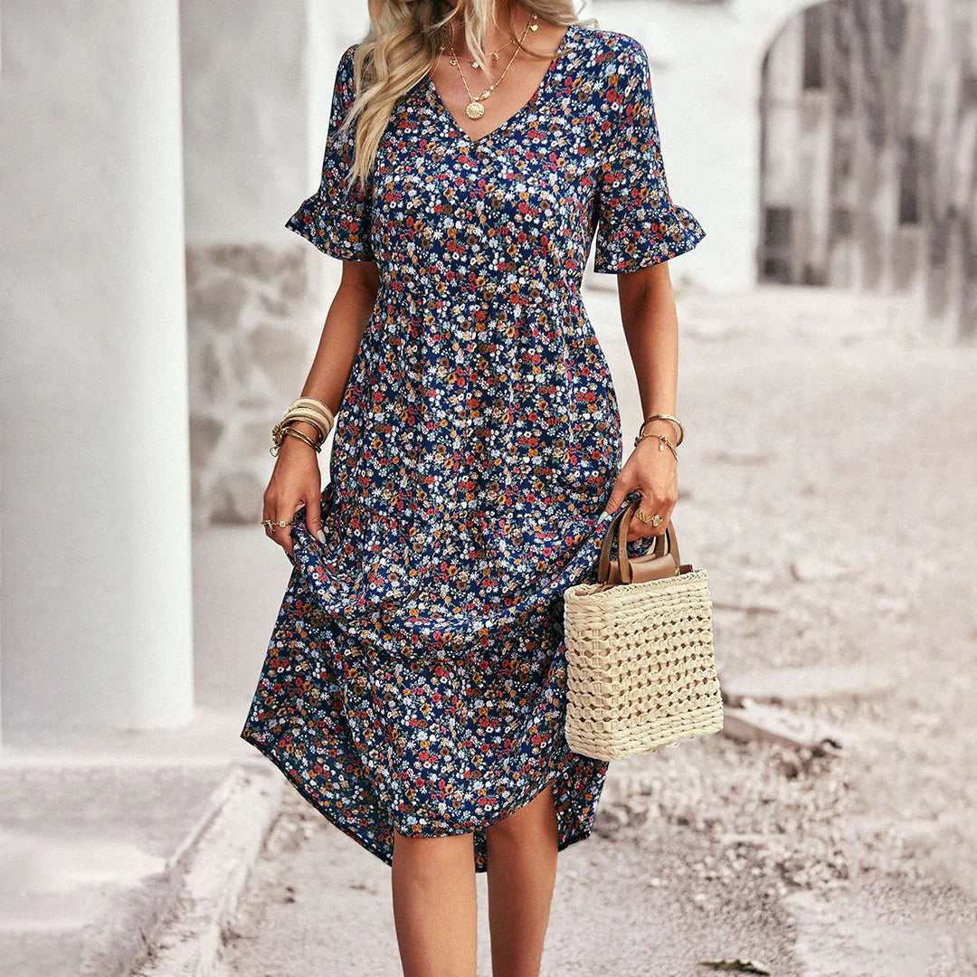 Celia | Robe Midi Bohème | Imprimé Fleuri | Fluide et Élégante