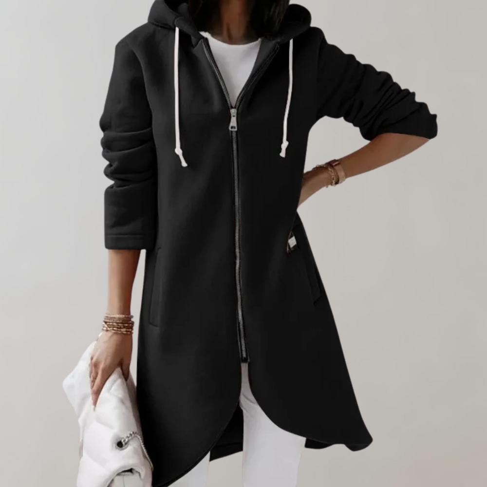 Veste Longue à Capuche Noire | Coton & Polyester | Confort & Style Décontracté