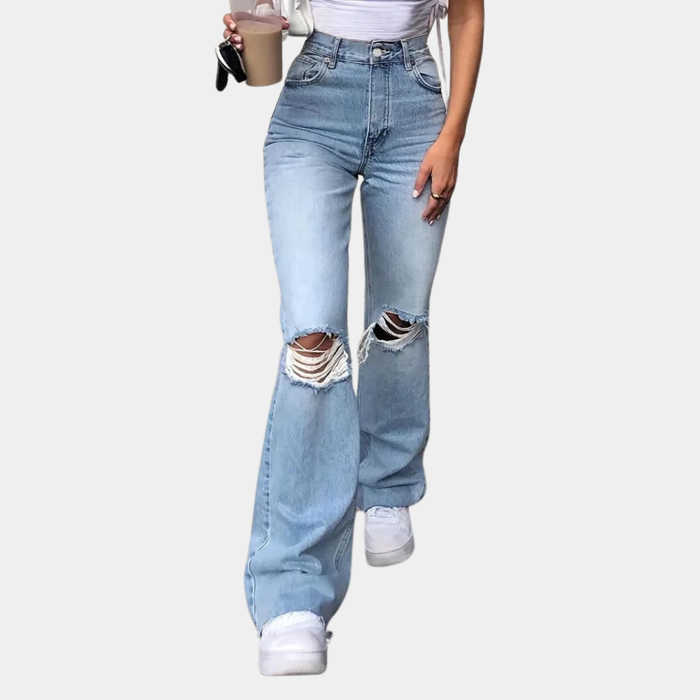 Jean Large Délavé | Taille Haute | Genoux Déchirés et Style Urbain
