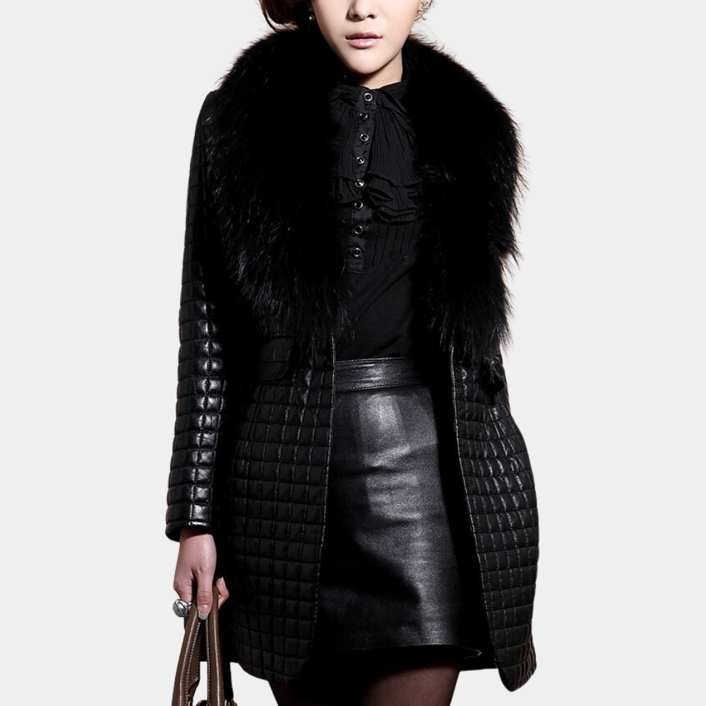 Manteau Matelassé Noir | Coton | Élégant avec Col Effet Fourrure