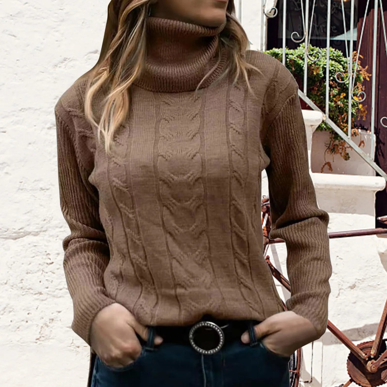 Pull à Col Roulé | Vert | Maille Torsadée