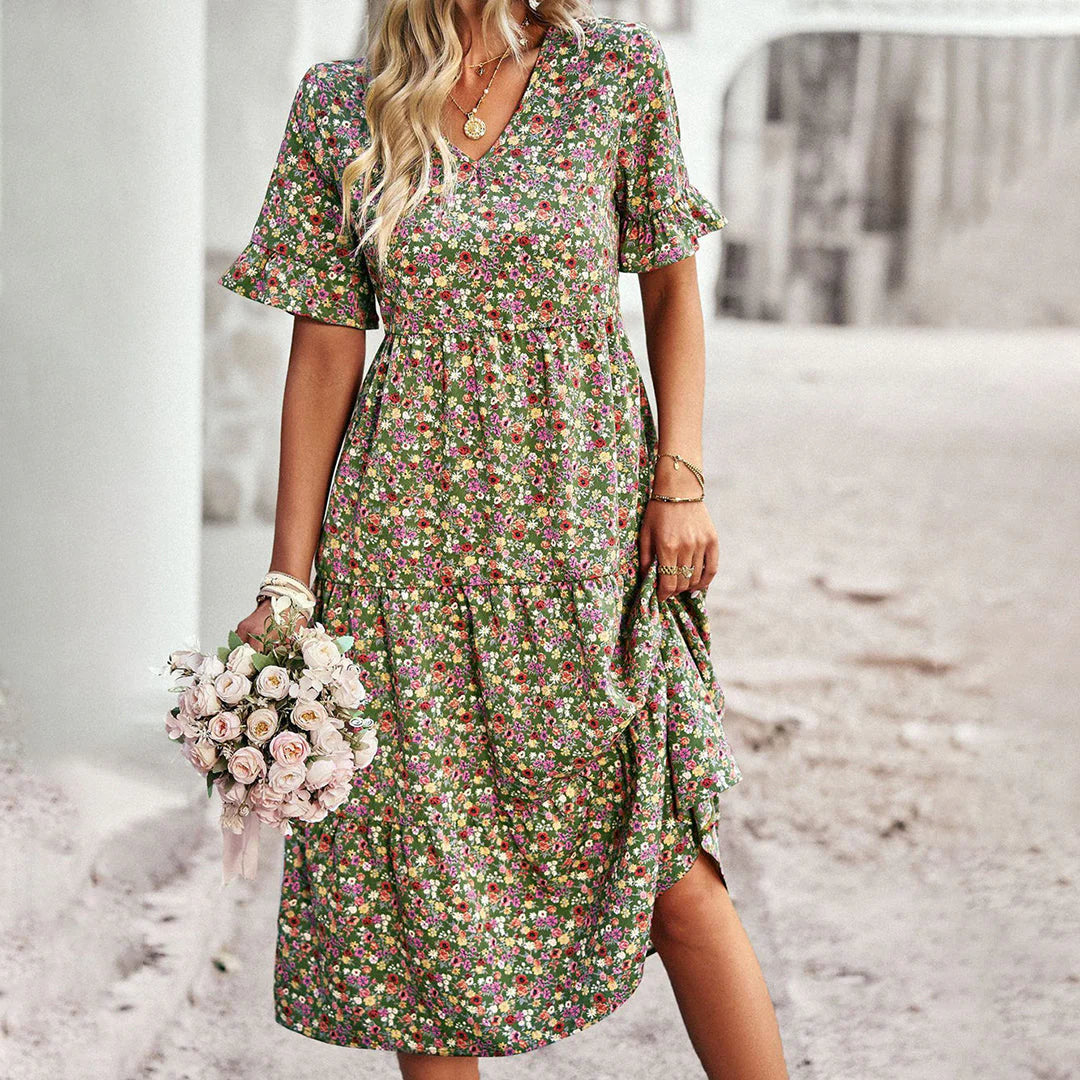 Celia | Robe Midi Bohème | Imprimé Fleuri | Fluide et Élégante