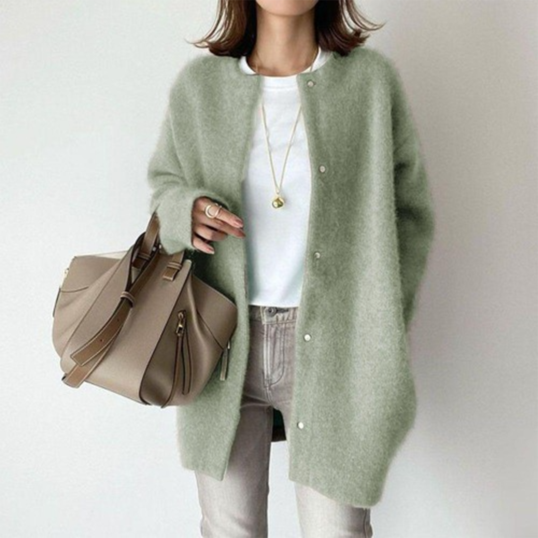 Élise - Gilet Long en Mohair Vert Sauge | Élégant | Chaleur et Douceur