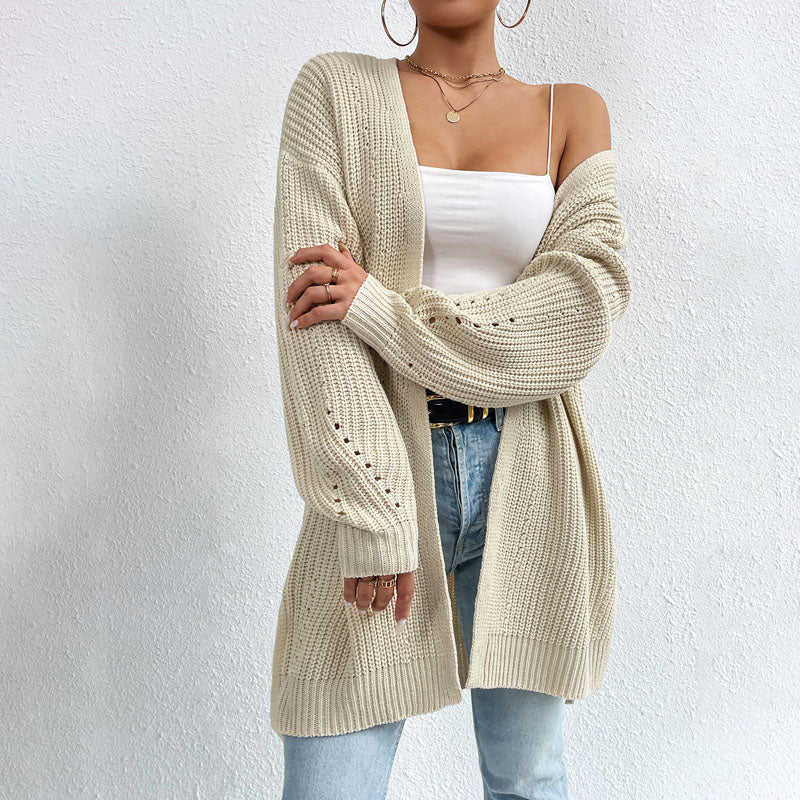 Cardigan Long Femme | Bleu Pastel | Maille Ajourée et Coupe Décontractée