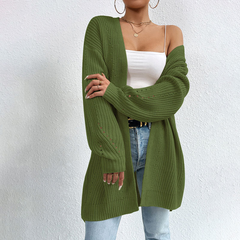 Cardigan Long Femme | Bleu Pastel | Maille Ajourée et Coupe Décontractée