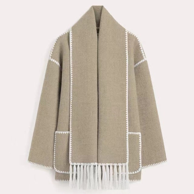 Cape Poncho Élégante | Laine Mélangée | Avec Écharpe Intégrée et Boutons Pression