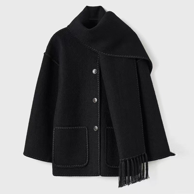 Cape Poncho Élégante | Laine Mélangée | Avec Écharpe Intégrée et Boutons Pression