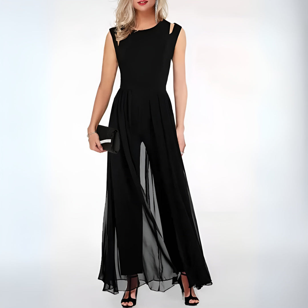 Combinaison Noire Élégante | Mousseline Fluide | Look de Soirée Raffiné