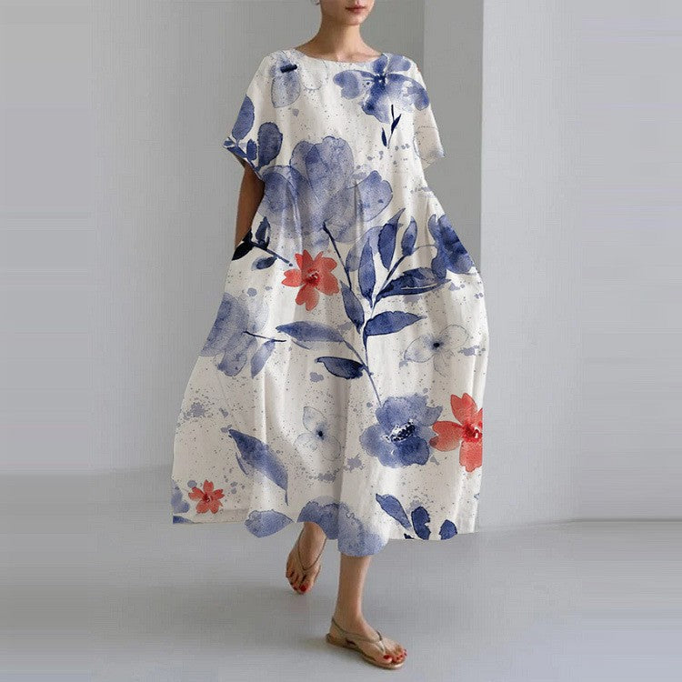 Robe Longue Fleurie | Lin Naturel | Coupe Ample et Aérienne